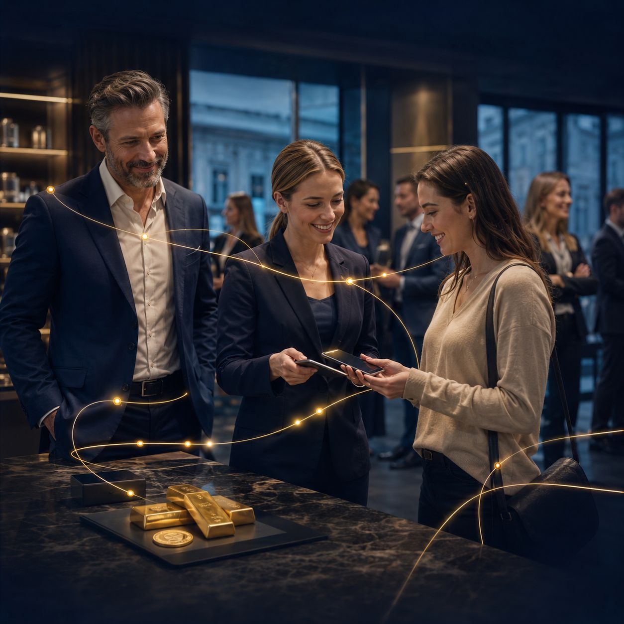 A customer pays by phone in a business that accepts payments in gold
